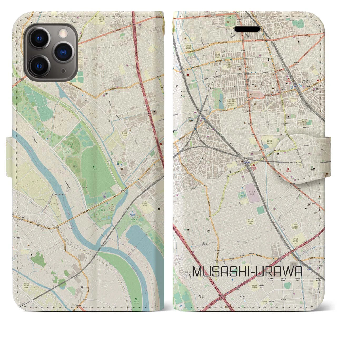 【武蔵浦和(埼玉県)】地図柄iPhoneケース(手帳タイプ)ナチュラル・iPhone 11 Pro Max 用