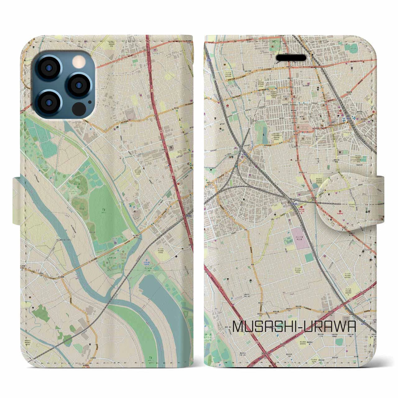 【武蔵浦和(埼玉県)】地図柄iPhoneケース(手帳タイプ)ナチュラル・iPhone 12 / 12 Pro 用