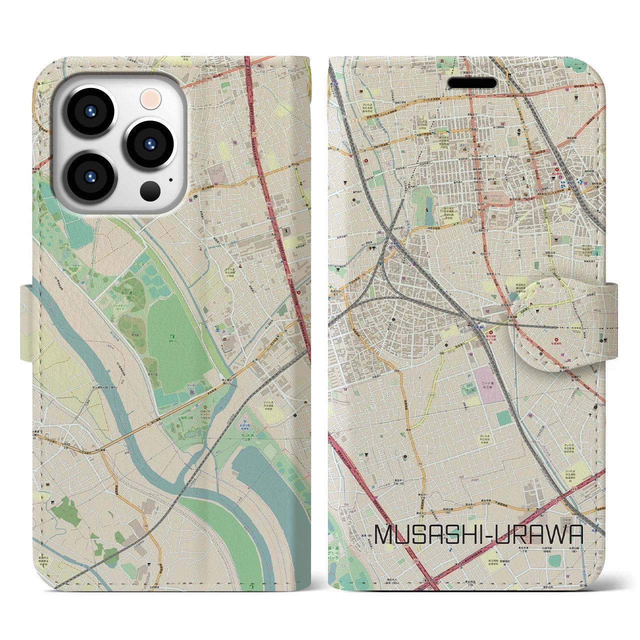 【武蔵浦和(埼玉県)】地図柄iPhoneケース(手帳タイプ)ナチュラル・iPhone 13 Pro 用