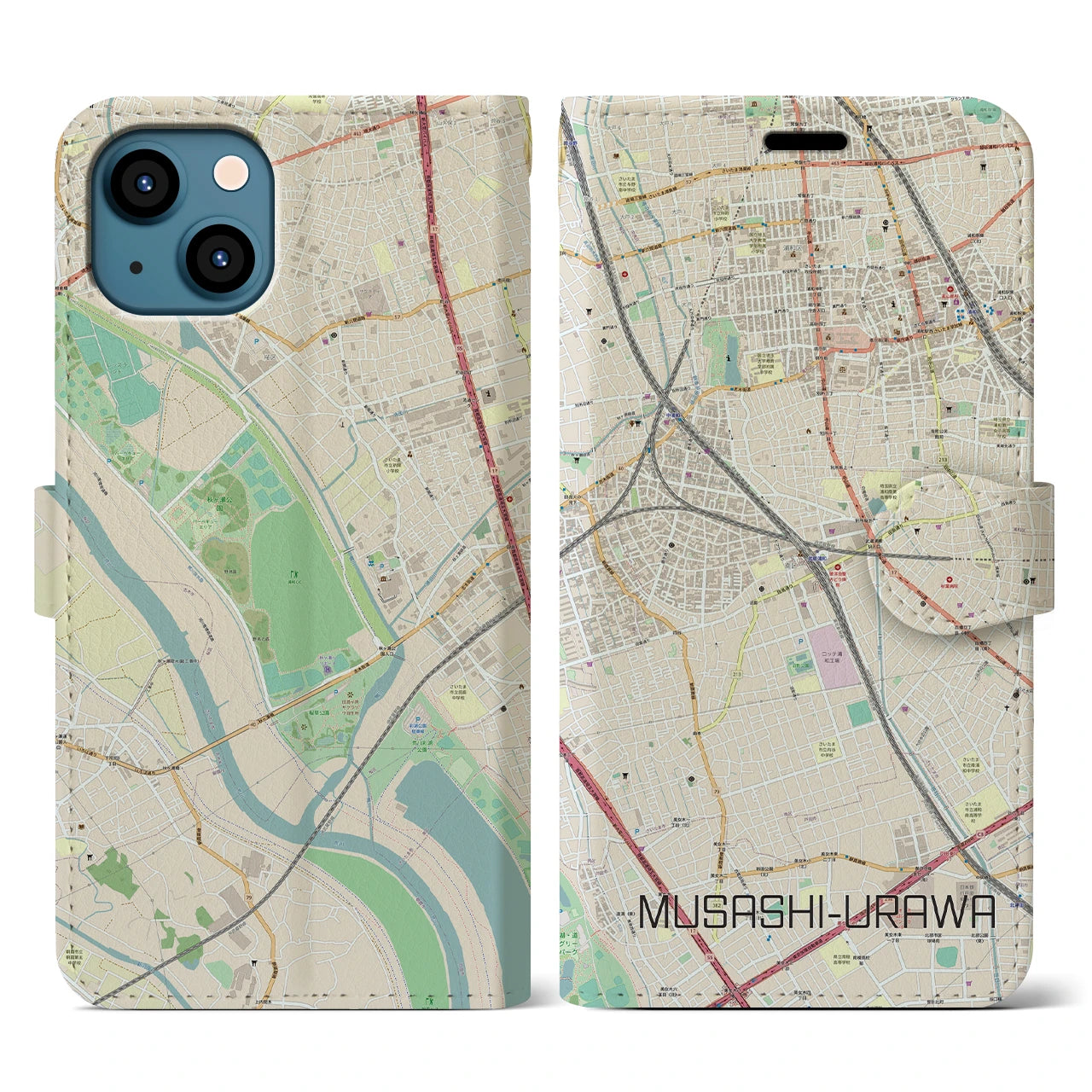 【武蔵浦和(埼玉県)】地図柄iPhoneケース(手帳タイプ)ナチュラル・iPhone 13 用