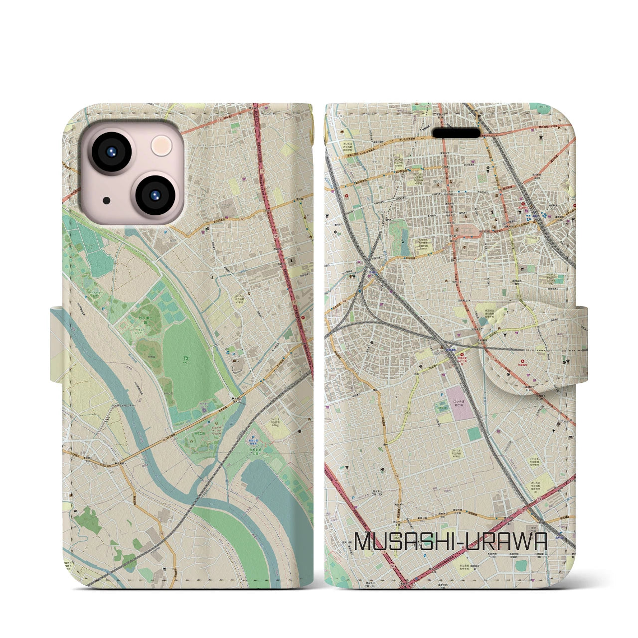 【武蔵浦和(埼玉県)】地図柄iPhoneケース(手帳タイプ)ナチュラル・iPhone 13 mini 用