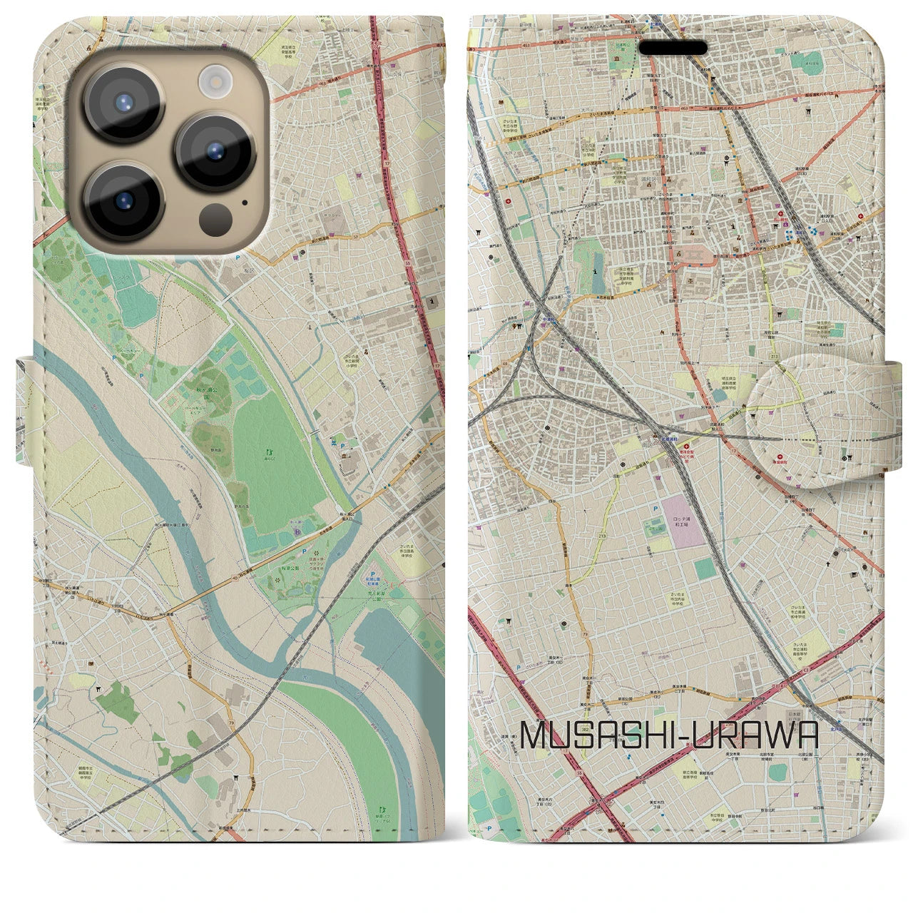 【武蔵浦和(埼玉県)】地図柄iPhoneケース(手帳タイプ)ナチュラル・iPhone 14 Pro Max 用