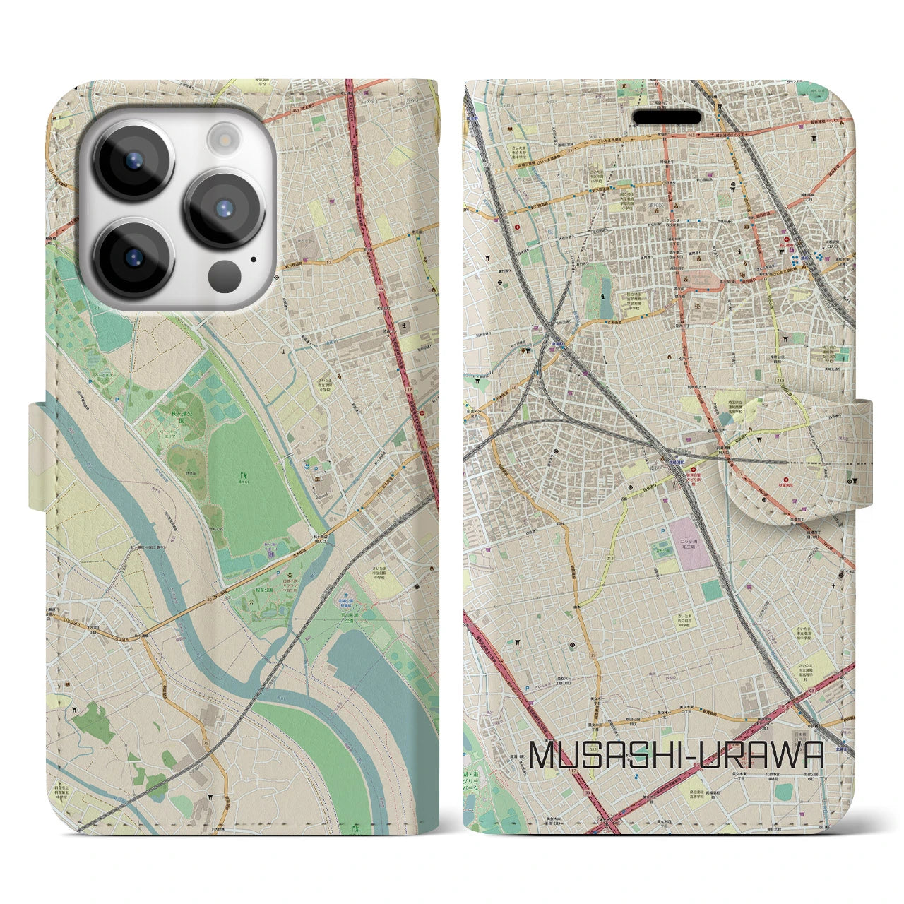 【武蔵浦和(埼玉県)】地図柄iPhoneケース(手帳タイプ)ナチュラル・iPhone 14 Pro 用