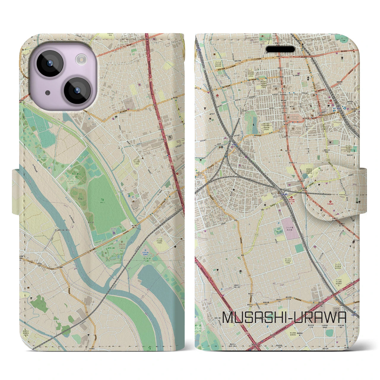 【武蔵浦和(埼玉県)】地図柄iPhoneケース(手帳タイプ)ナチュラル・iPhone 14 用