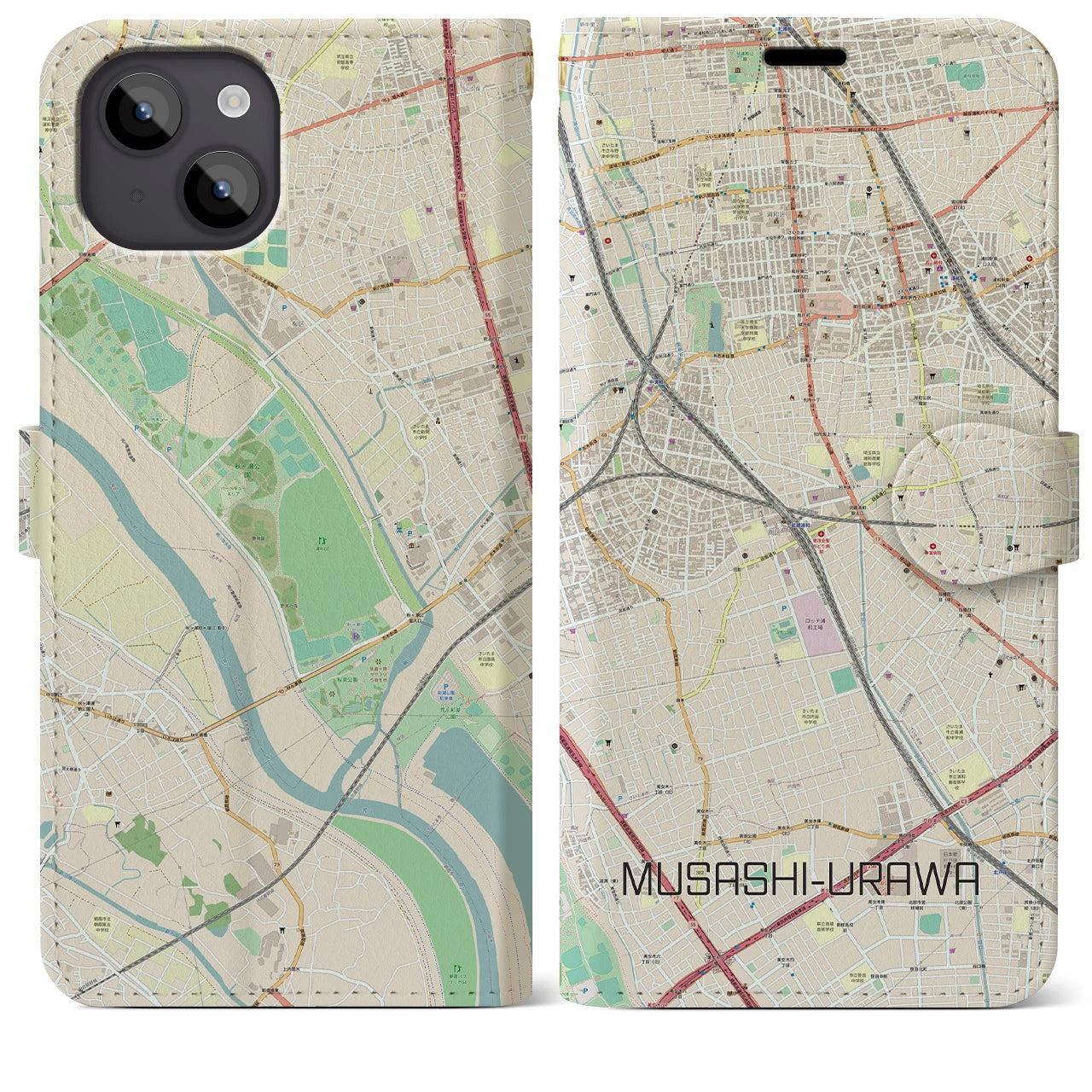 【武蔵浦和(埼玉県)】地図柄iPhoneケース(手帳タイプ)ナチュラル・iPhone 14 Plus 用