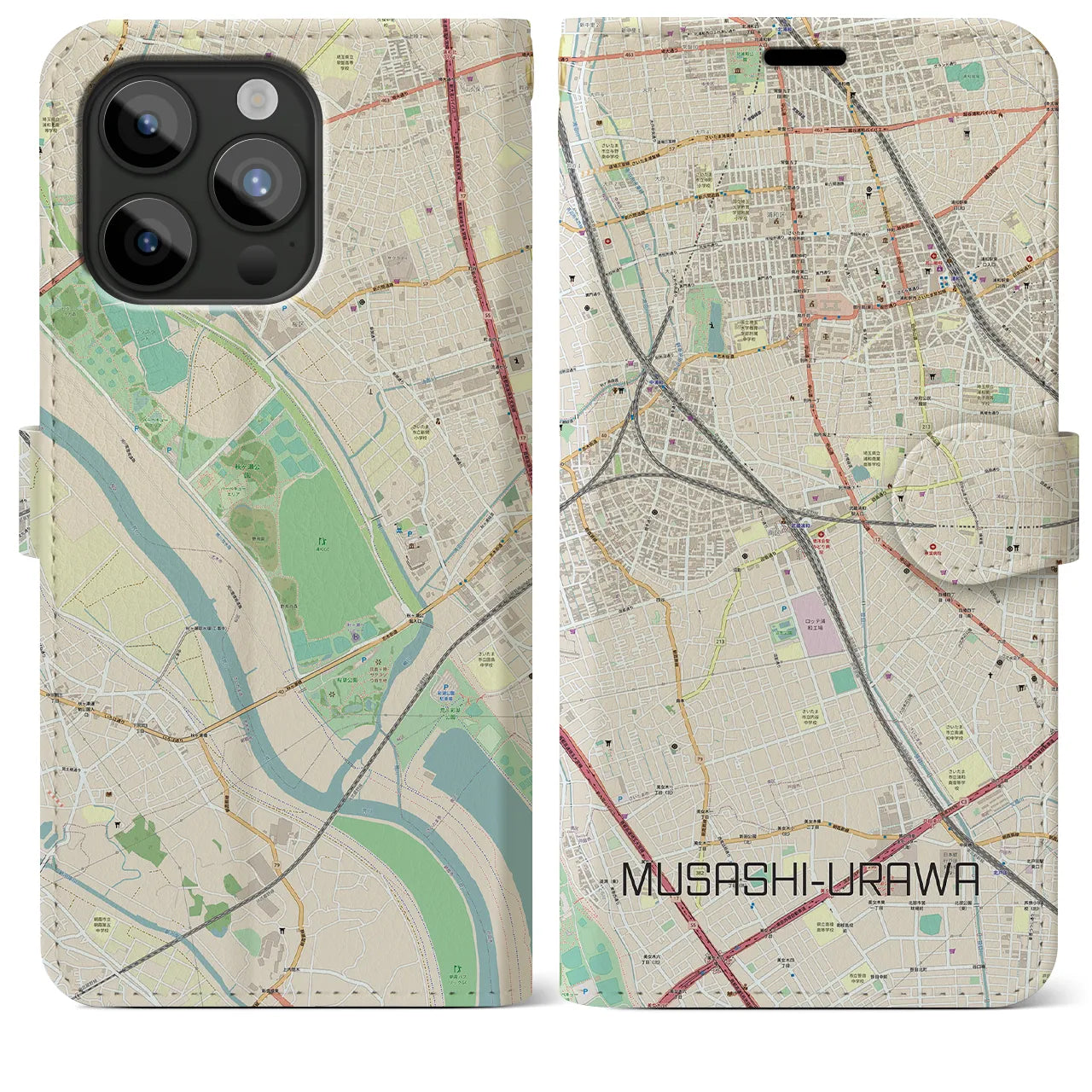 【武蔵浦和(埼玉県)】地図柄iPhoneケース(手帳タイプ)ナチュラル・iPhone 15 Pro Max 用