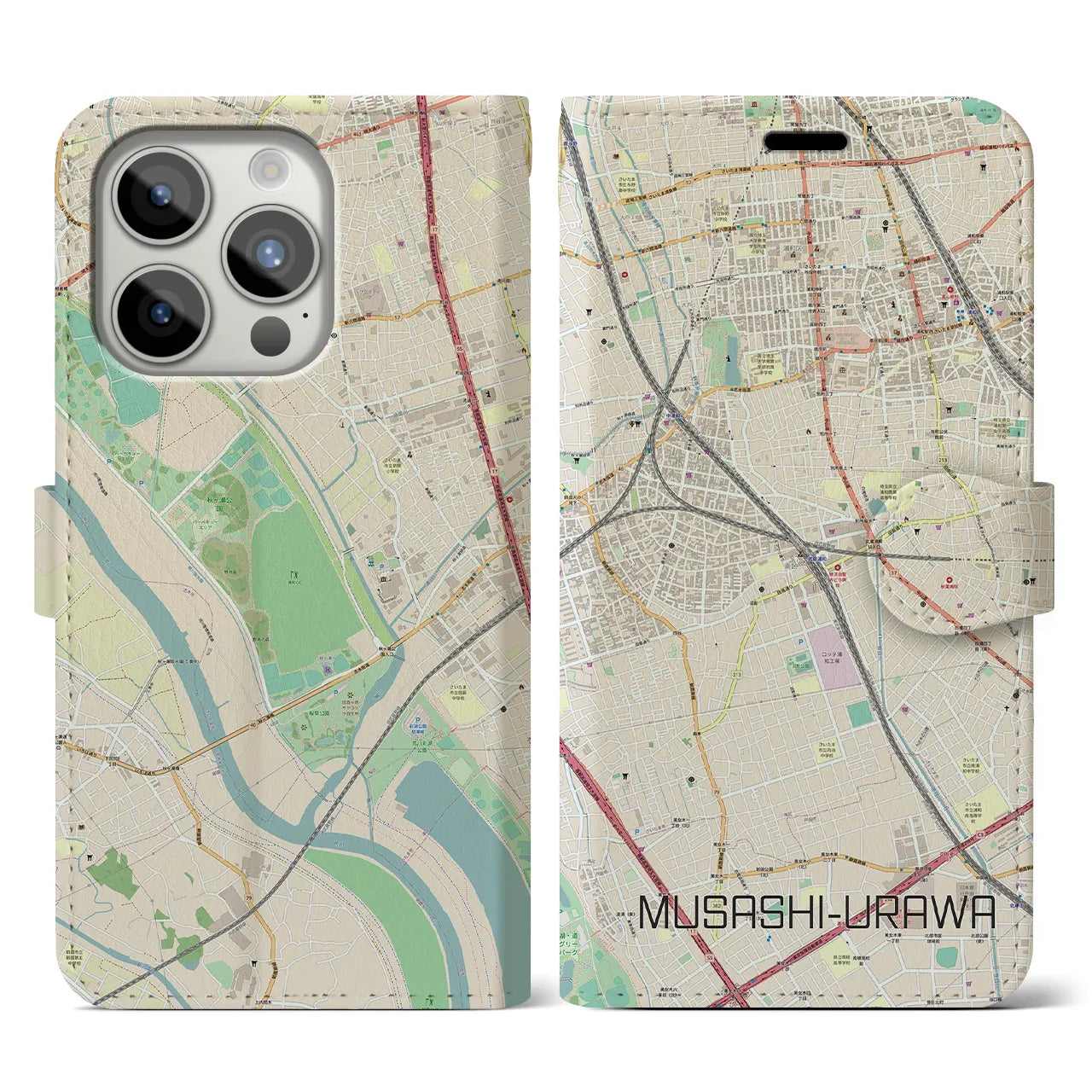 【武蔵浦和(埼玉県)】地図柄iPhoneケース(手帳タイプ)ナチュラル・iPhone 15 Pro 用