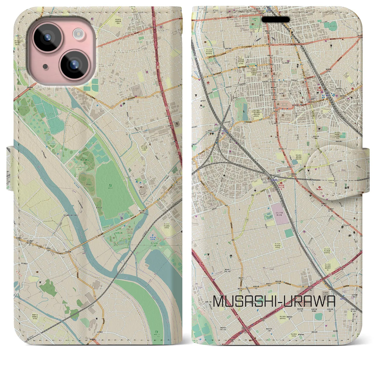 【武蔵浦和(埼玉県)】地図柄iPhoneケース(手帳タイプ)ナチュラル・iPhone 15 Plus 用