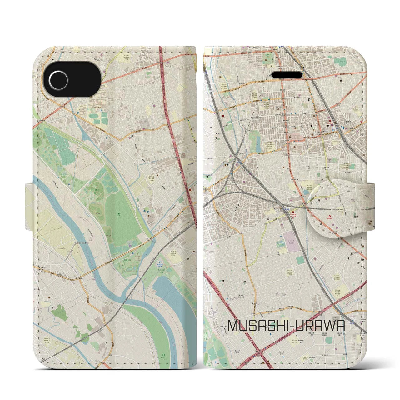 【武蔵浦和(埼玉県)】地図柄iPhoneケース(手帳タイプ)ナチュラル・iPhone SE(第3 / 第2世代) / 8 / 7 / 6s / 6 用