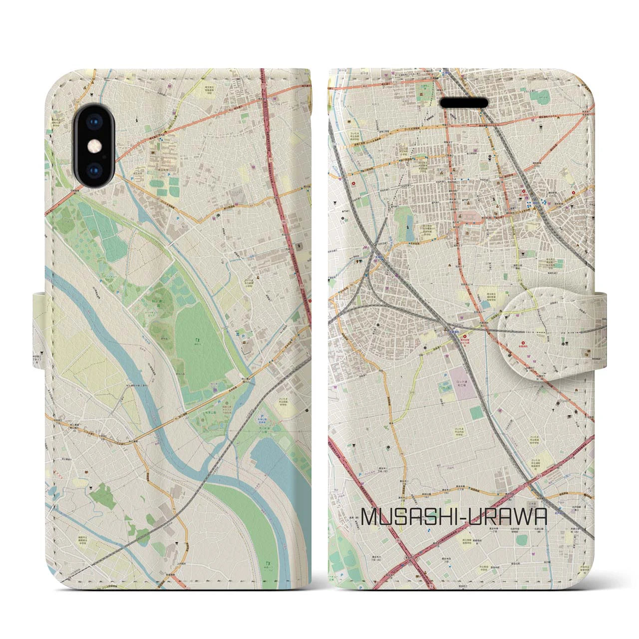 【武蔵浦和(埼玉県)】地図柄iPhoneケース(手帳タイプ)ナチュラル・iPhone XS / X 用