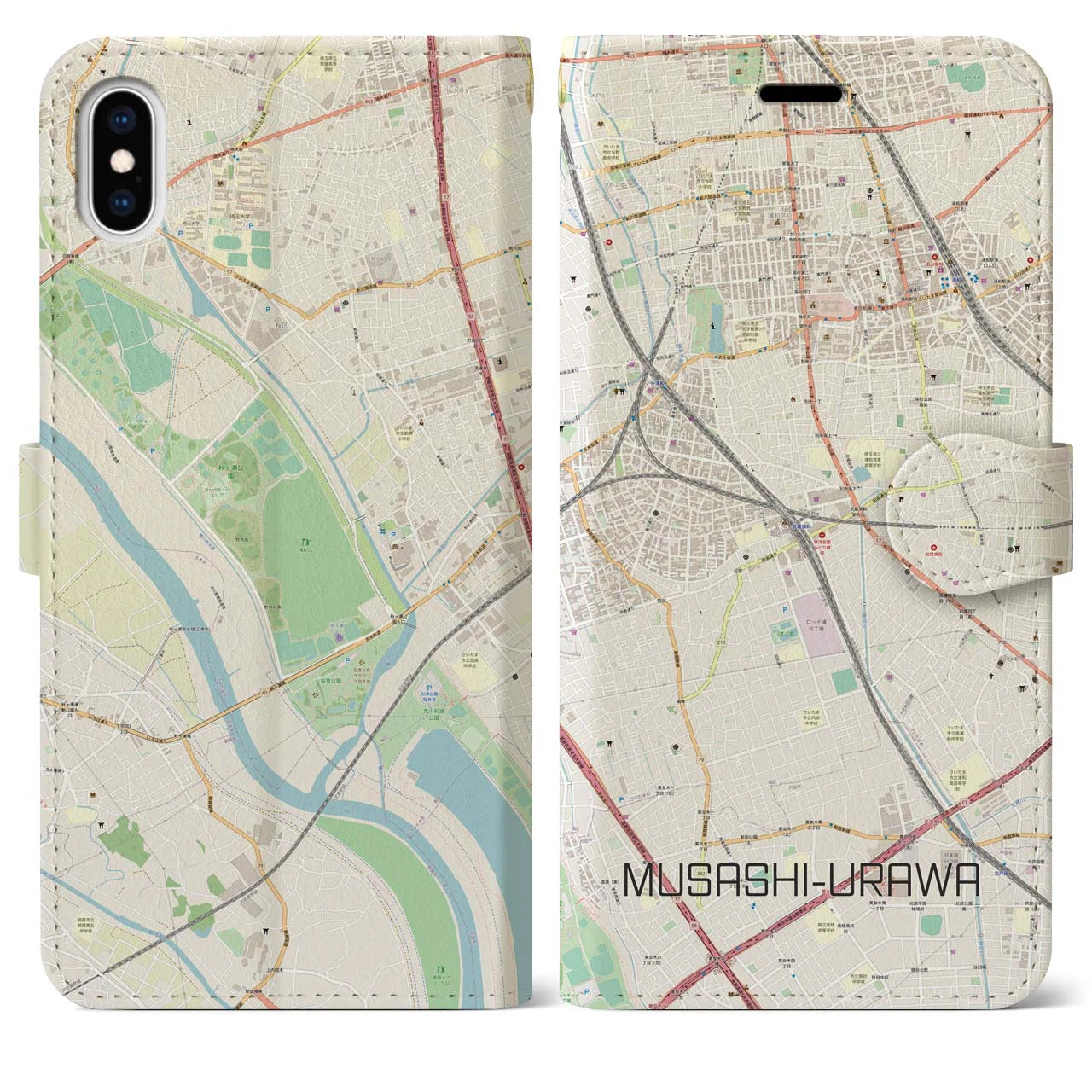 【武蔵浦和(埼玉県)】地図柄iPhoneケース(手帳タイプ)ナチュラル・iPhone XS Max 用
