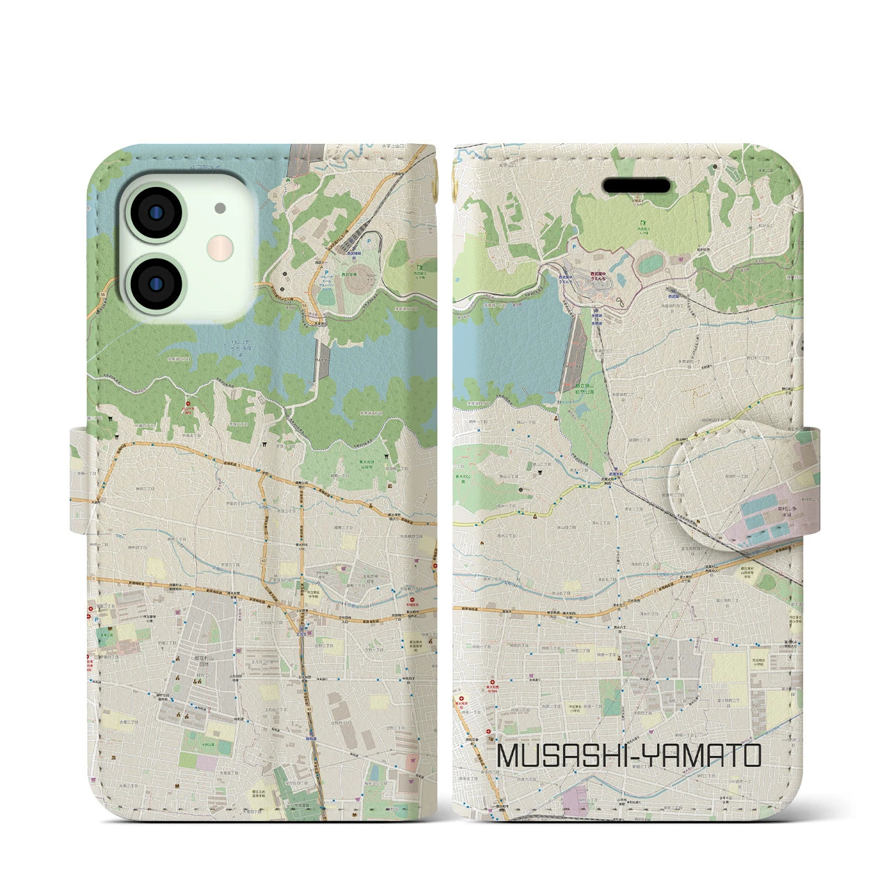 【武蔵大和(東京都)】地図柄iPhoneケース(手帳タイプ)ナチュラル・iPhone 12 mini 用