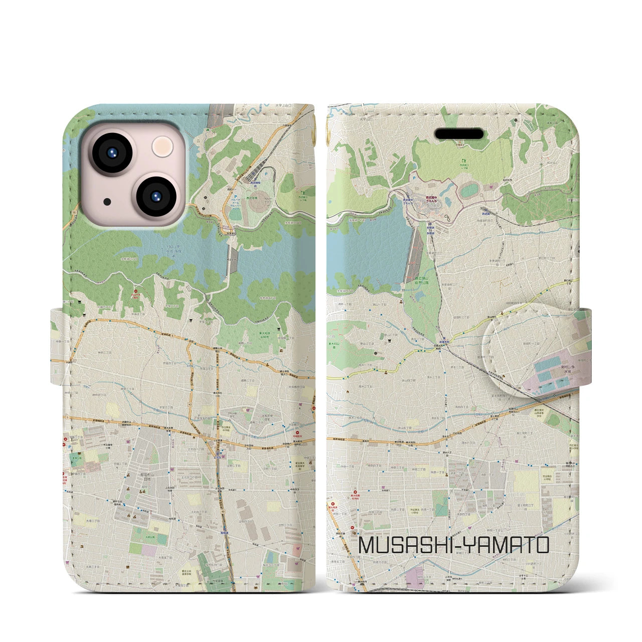 【武蔵大和(東京都)】地図柄iPhoneケース(手帳タイプ)ナチュラル・iPhone 13 mini 用