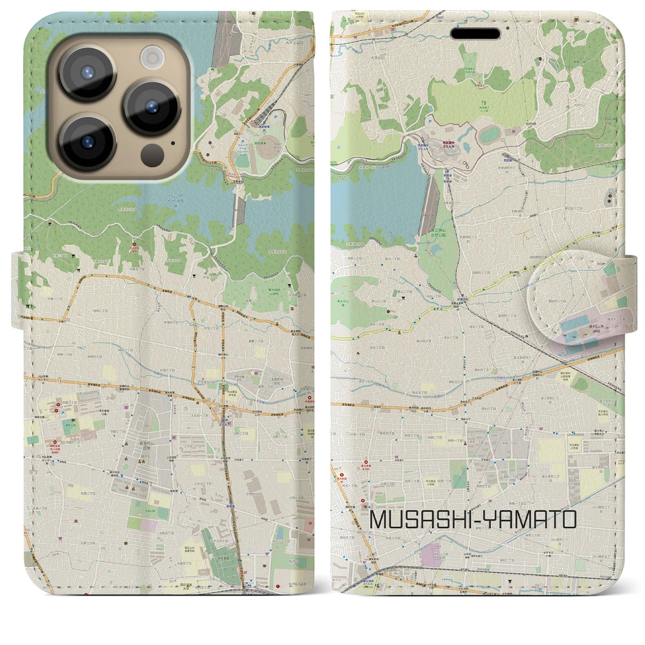 【武蔵大和(東京都)】地図柄iPhoneケース(手帳タイプ)ナチュラル・iPhone 14 Pro Max 用
