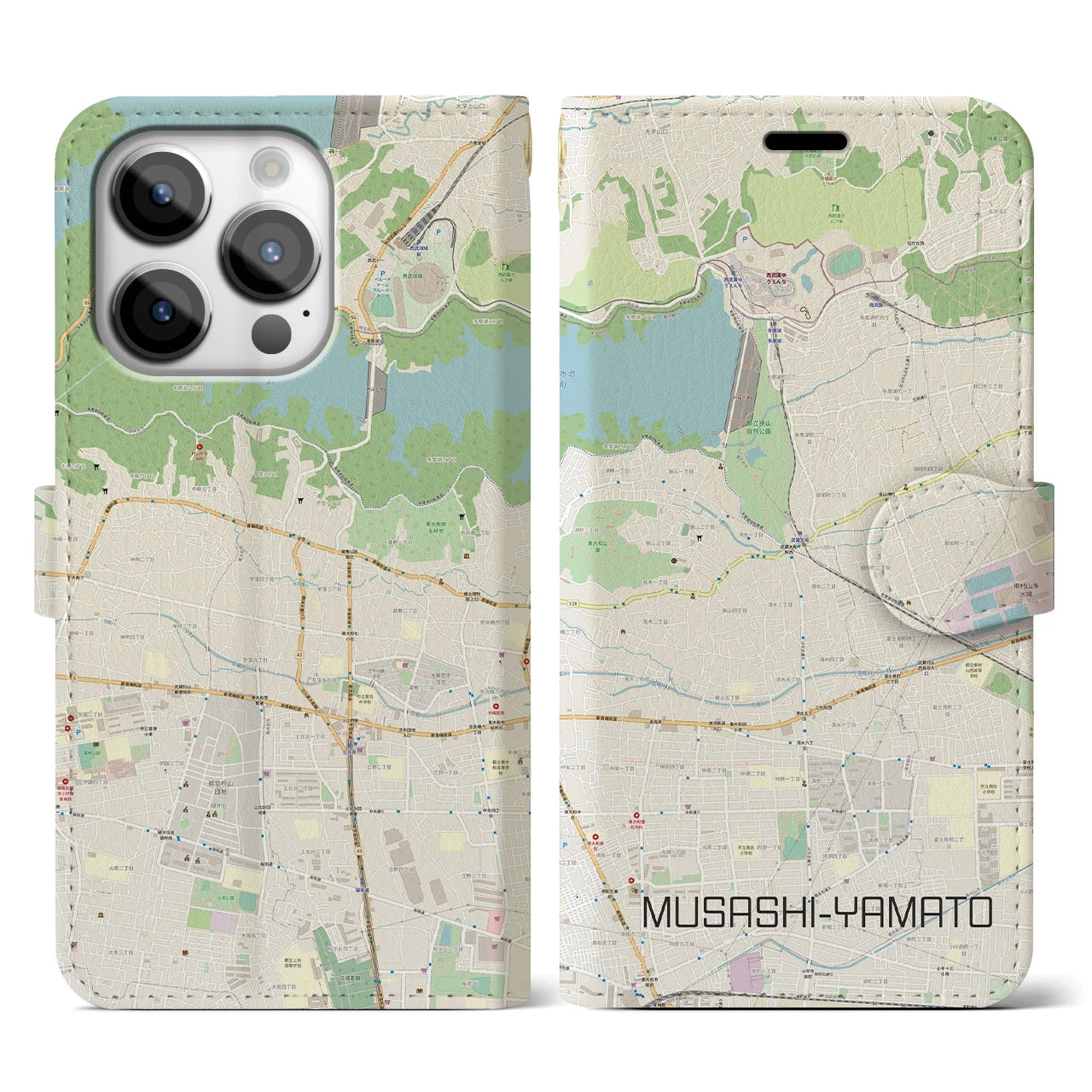 【武蔵大和(東京都)】地図柄iPhoneケース(手帳タイプ)ナチュラル・iPhone 14 Pro 用