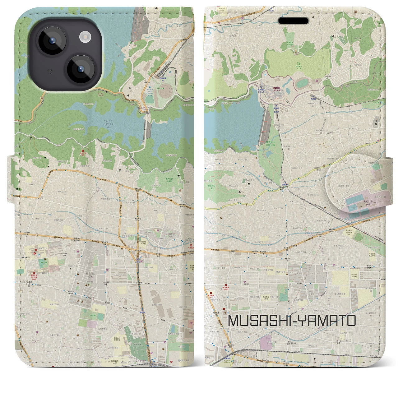 【武蔵大和(東京都)】地図柄iPhoneケース(手帳タイプ)ナチュラル・iPhone 14 Plus 用
