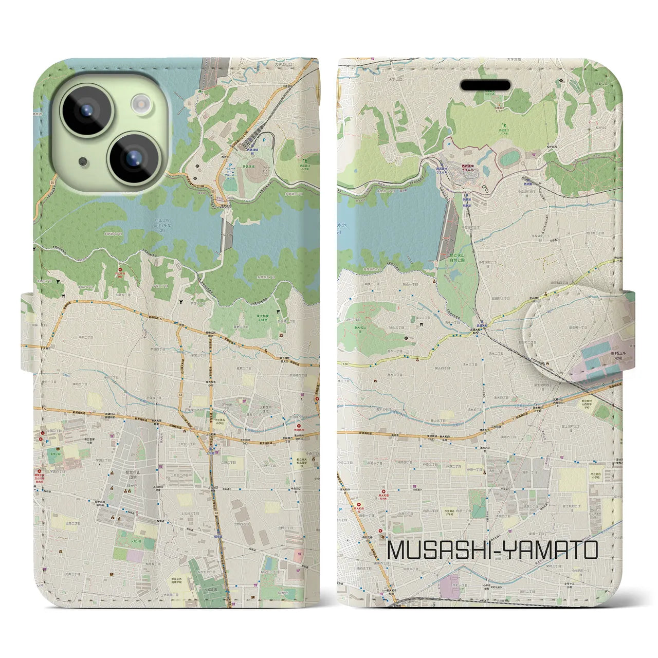 【武蔵大和(東京都)】地図柄iPhoneケース(手帳タイプ)ナチュラル・iPhone 15 用