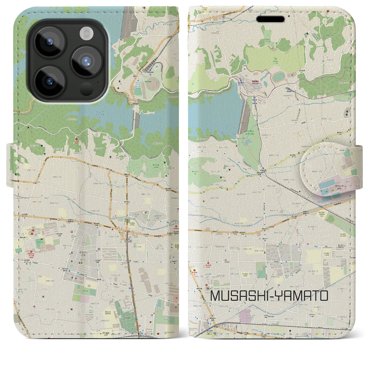 【武蔵大和(東京都)】地図柄iPhoneケース(手帳タイプ)ナチュラル・iPhone 15 Pro Max 用