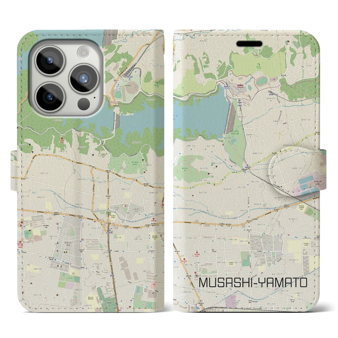 【武蔵大和(東京都)】地図柄iPhoneケース(手帳タイプ)ナチュラル・iPhone 15 Pro 用