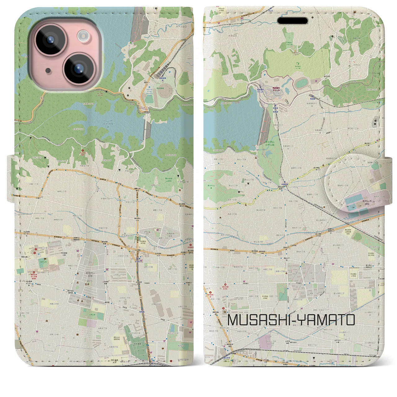【武蔵大和(東京都)】地図柄iPhoneケース(手帳タイプ)ナチュラル・iPhone 15 Plus 用