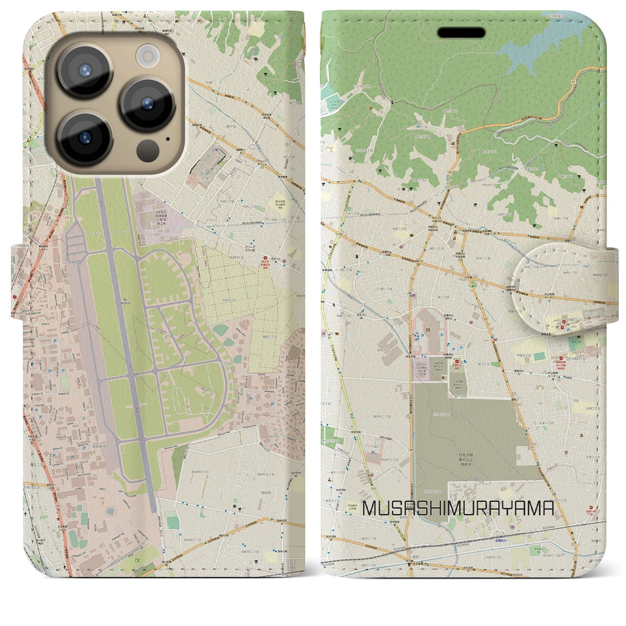 【武蔵村山(東京都)】地図柄iPhoneケース(手帳タイプ)ナチュラル・iPhone 14 Pro Max 用