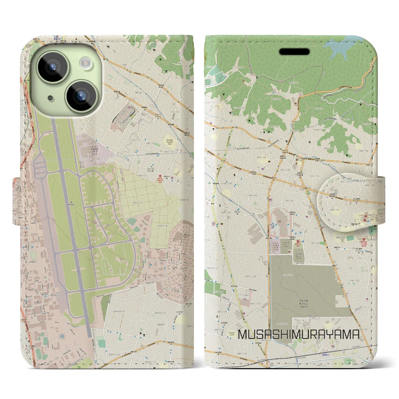 【武蔵村山(東京都)】地図柄iPhoneケース(手帳タイプ)ナチュラル・iPhone 15 用
