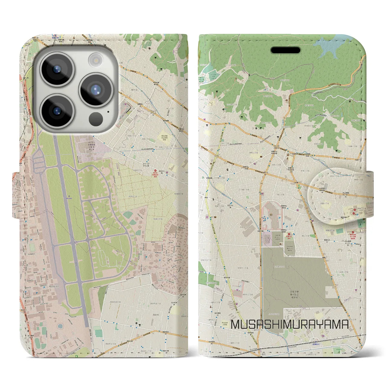 【武蔵村山(東京都)】地図柄iPhoneケース(手帳タイプ)ナチュラル・iPhone 15 Pro 用