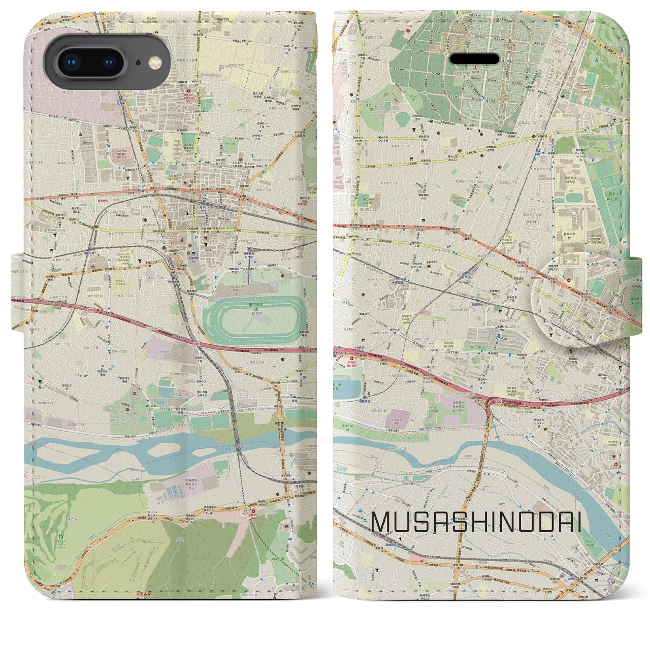 【武蔵野台(東京都)】地図柄iPhoneケース(手帳タイプ)ナチュラル・iPhone 8Plus /7Plus / 6sPlus / 6Plus 用