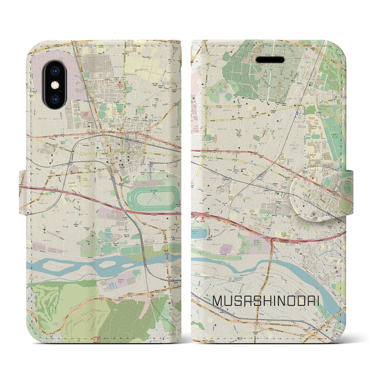 【武蔵野台(東京都)】地図柄iPhoneケース(手帳タイプ)ナチュラル・iPhone XS / X 用