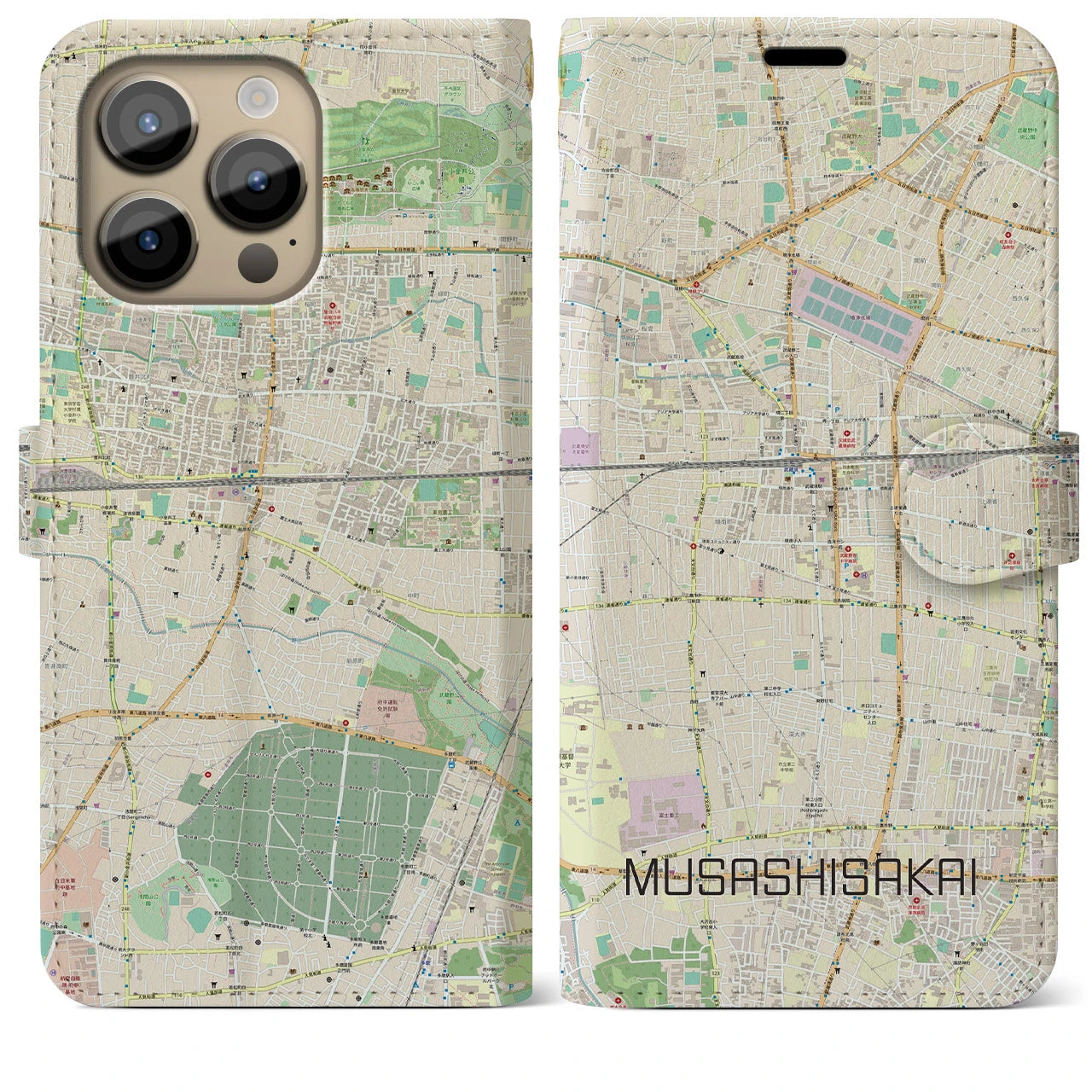 【武蔵境(東京都)】地図柄iPhoneケース(手帳タイプ)ナチュラル・iPhone 14 Pro Max 用