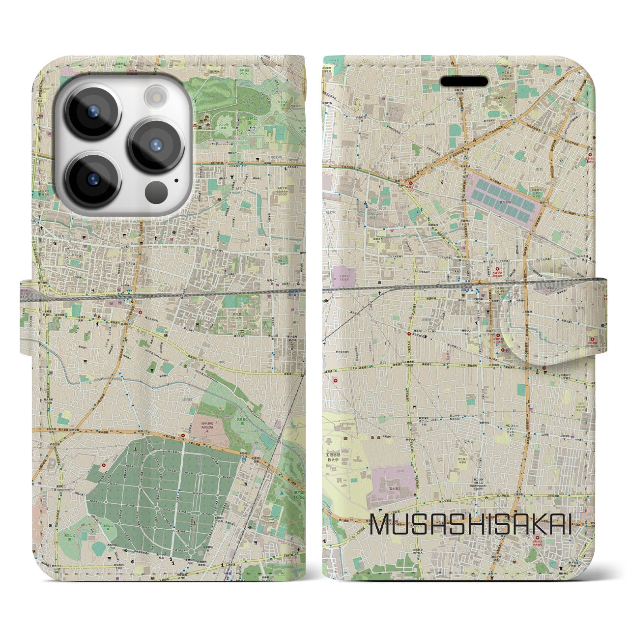 【武蔵境(東京都)】地図柄iPhoneケース(手帳タイプ)ナチュラル・iPhone 14 Pro 用
