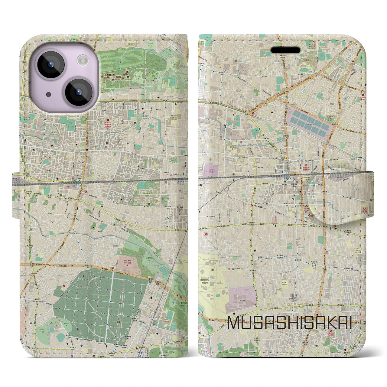 【武蔵境(東京都)】地図柄iPhoneケース(手帳タイプ)ナチュラル・iPhone 14 用