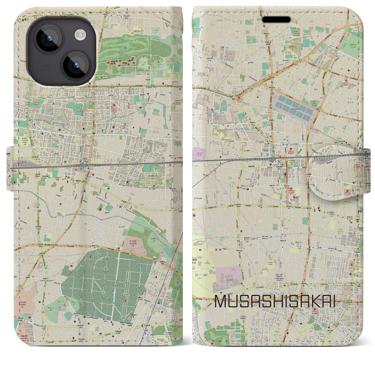 【武蔵境(東京都)】地図柄iPhoneケース(手帳タイプ)ナチュラル・iPhone 14 Plus 用