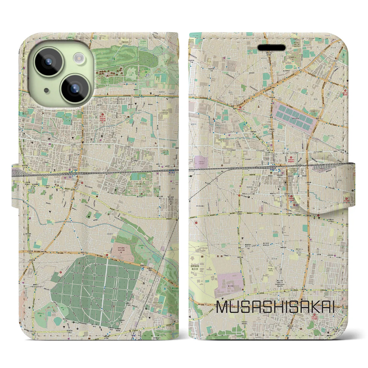 【武蔵境(東京都)】地図柄iPhoneケース(手帳タイプ)ナチュラル・iPhone 15 用