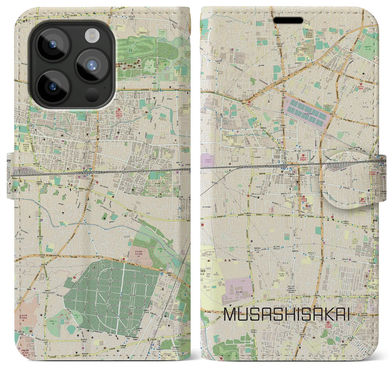 【武蔵境(東京都)】地図柄iPhoneケース(手帳タイプ)ナチュラル・iPhone 15 Pro Max 用