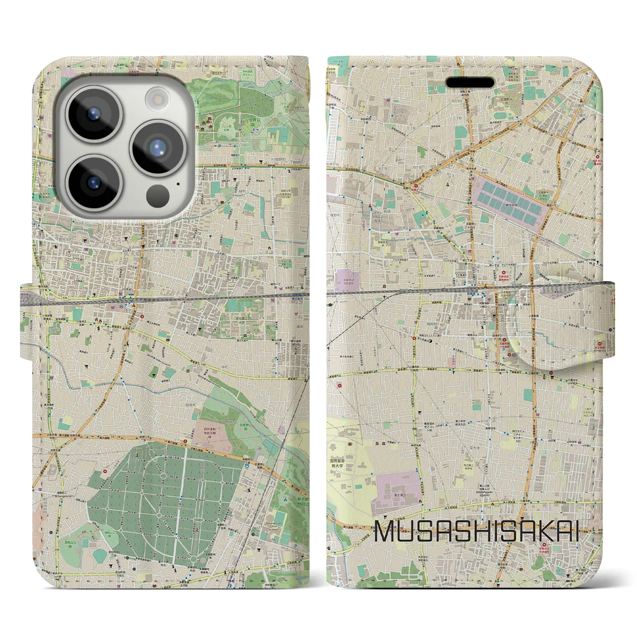 【武蔵境(東京都)】地図柄iPhoneケース(手帳タイプ)ナチュラル・iPhone 15 Pro 用