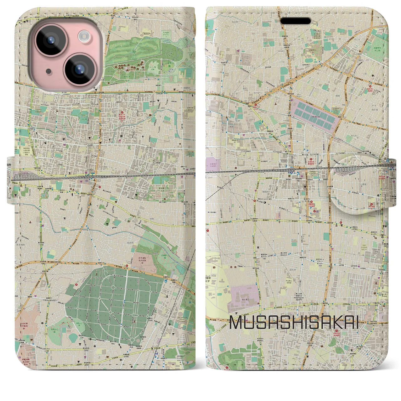 【武蔵境(東京都)】地図柄iPhoneケース(手帳タイプ)ナチュラル・iPhone 15 Plus 用