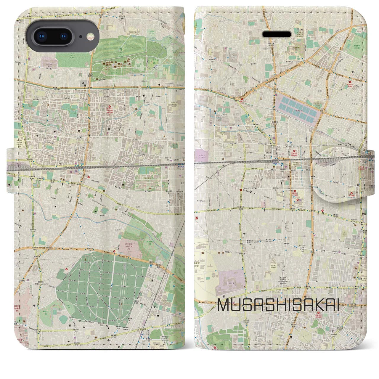 【武蔵境(東京都)】地図柄iPhoneケース(手帳タイプ)ナチュラル・iPhone 8Plus /7Plus / 6sPlus / 6Plus 用