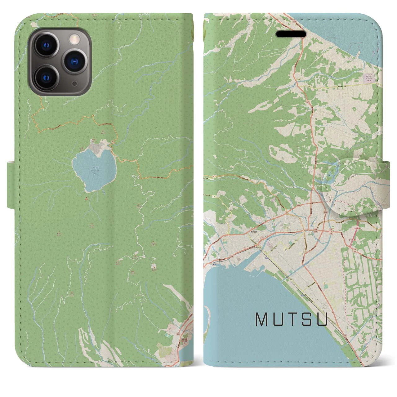 【むつ(青森県)】地図柄iPhoneケース(手帳タイプ)ナチュラル・iPhone 11 Pro Max 用