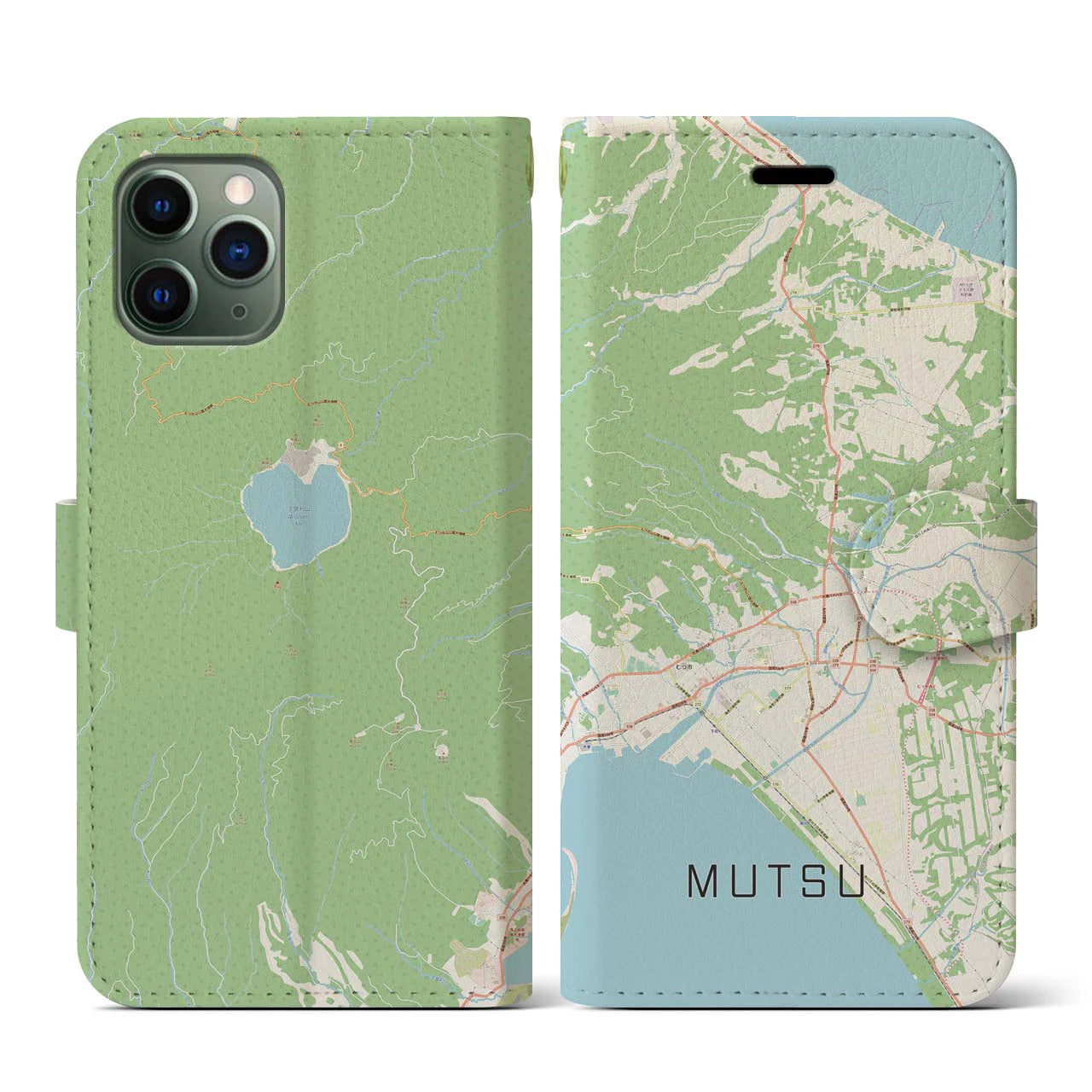 【むつ(青森県)】地図柄iPhoneケース(手帳タイプ)ナチュラル・iPhone 11 Pro 用