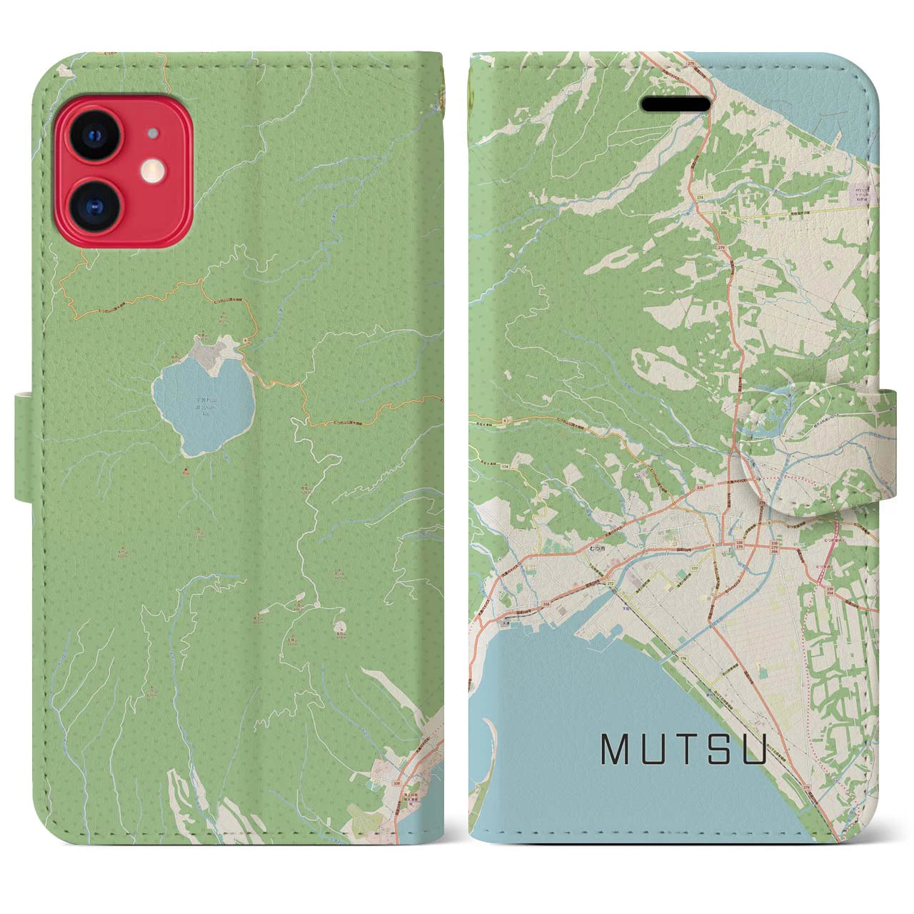 【むつ(青森県)】地図柄iPhoneケース(手帳タイプ)ナチュラル・iPhone 11 用