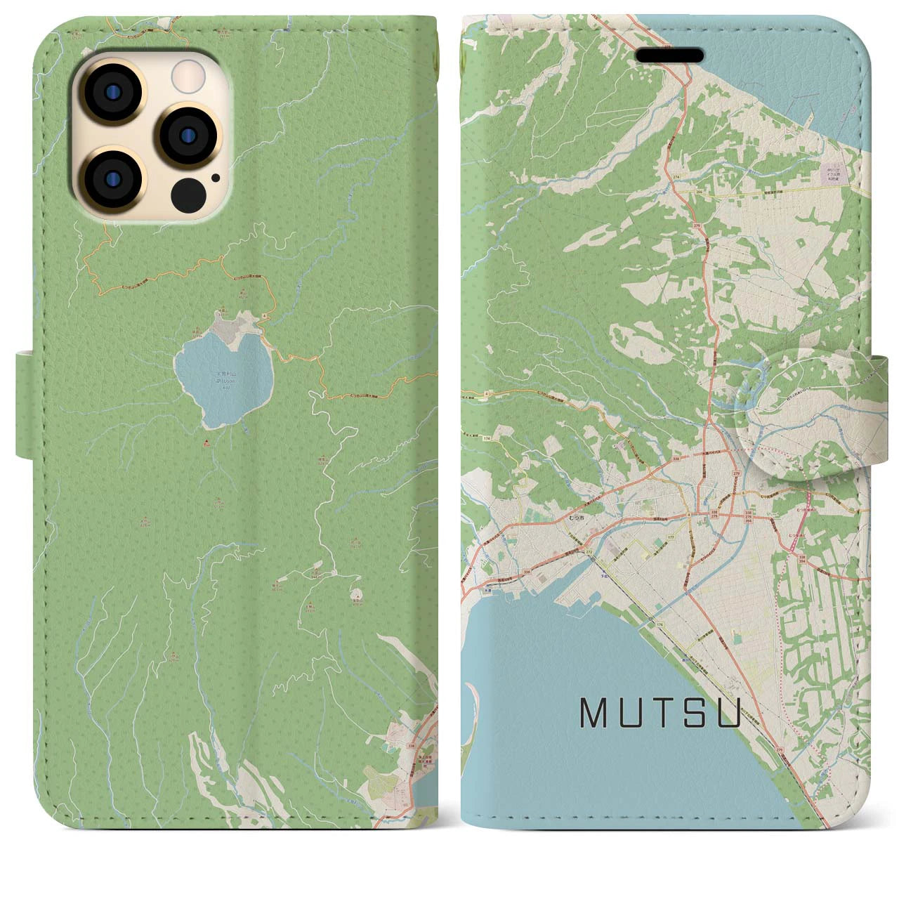【むつ(青森県)】地図柄iPhoneケース(手帳タイプ)ナチュラル・iPhone 12 Pro Max 用