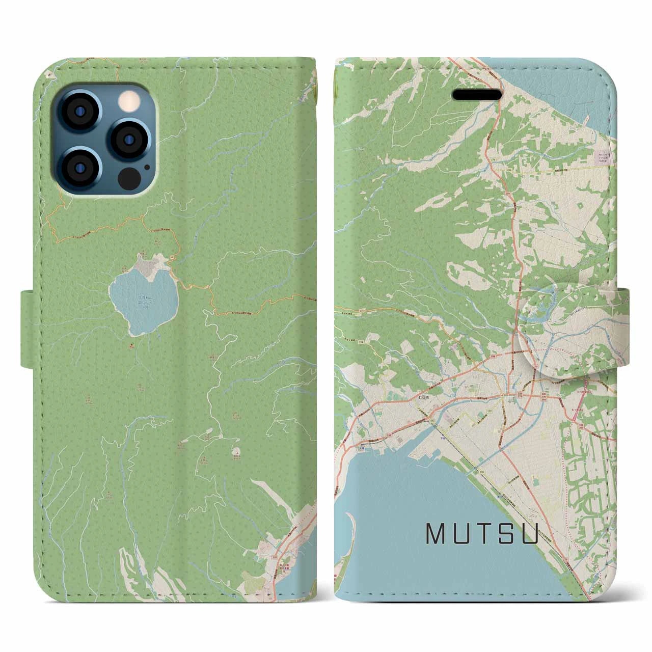【むつ(青森県)】地図柄iPhoneケース(手帳タイプ)ナチュラル・iPhone 12 / 12 Pro 用
