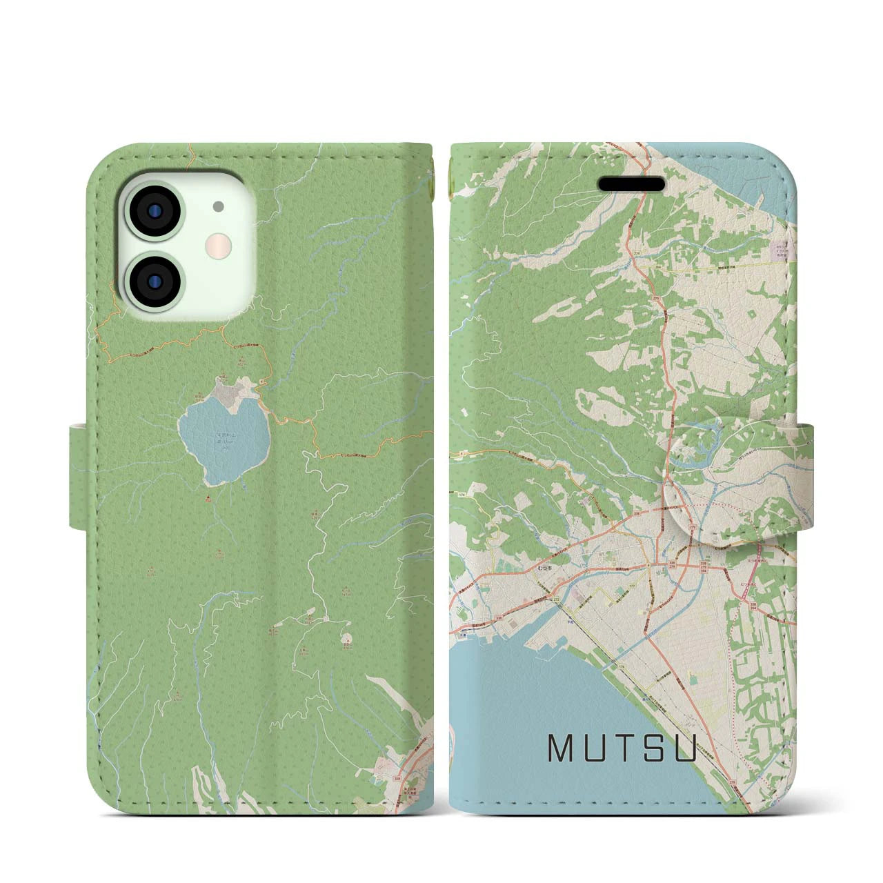 【むつ(青森県)】地図柄iPhoneケース(手帳タイプ)ナチュラル・iPhone 12 mini 用