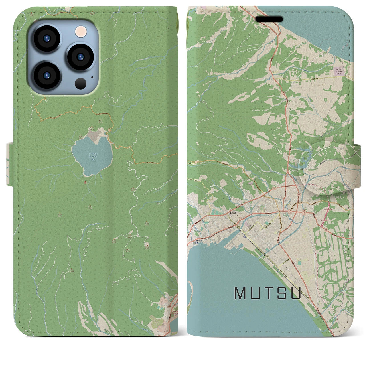 【むつ(青森県)】地図柄iPhoneケース(手帳タイプ)ナチュラル・iPhone 13 Pro Max 用