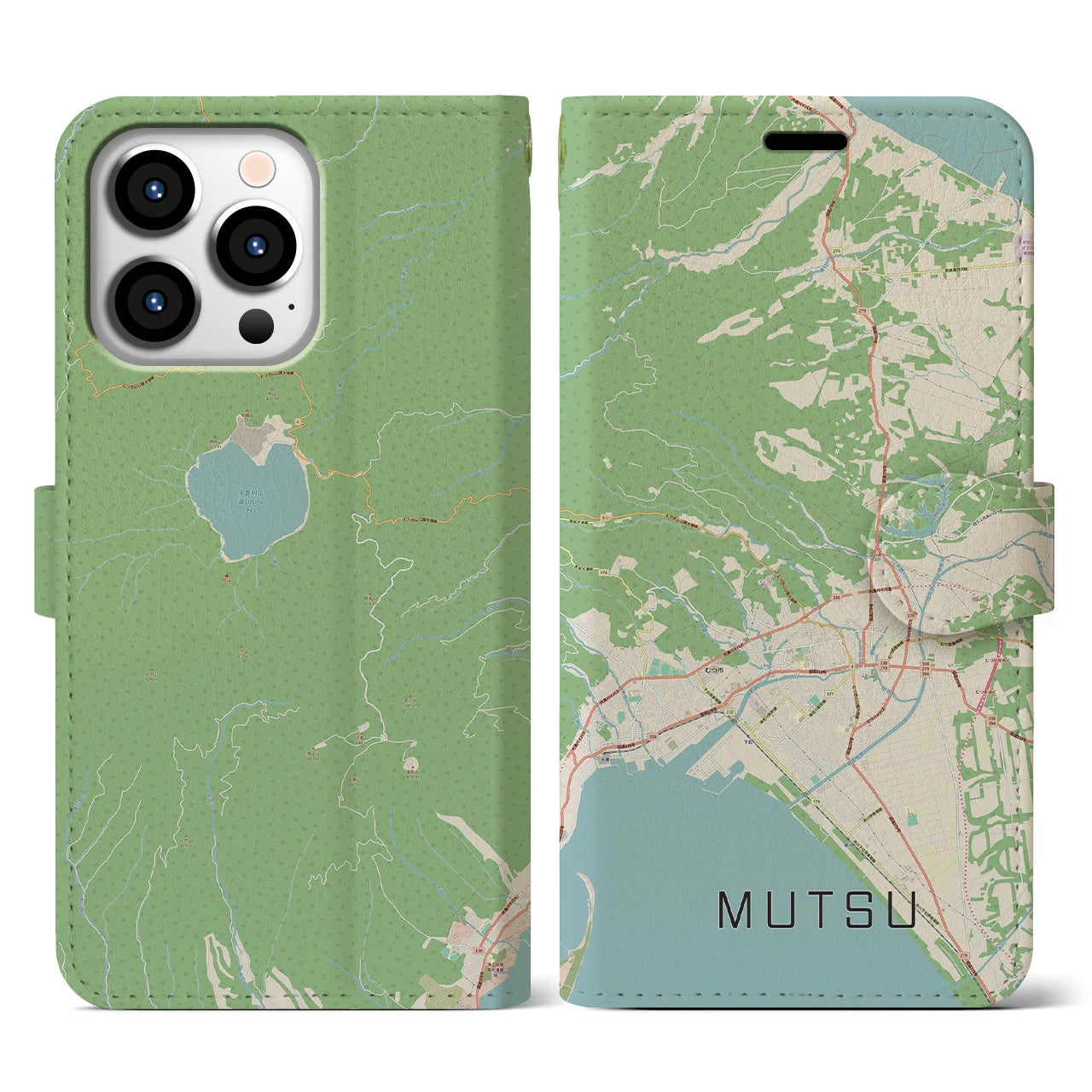 【むつ(青森県)】地図柄iPhoneケース(手帳タイプ)ナチュラル・iPhone 13 Pro 用