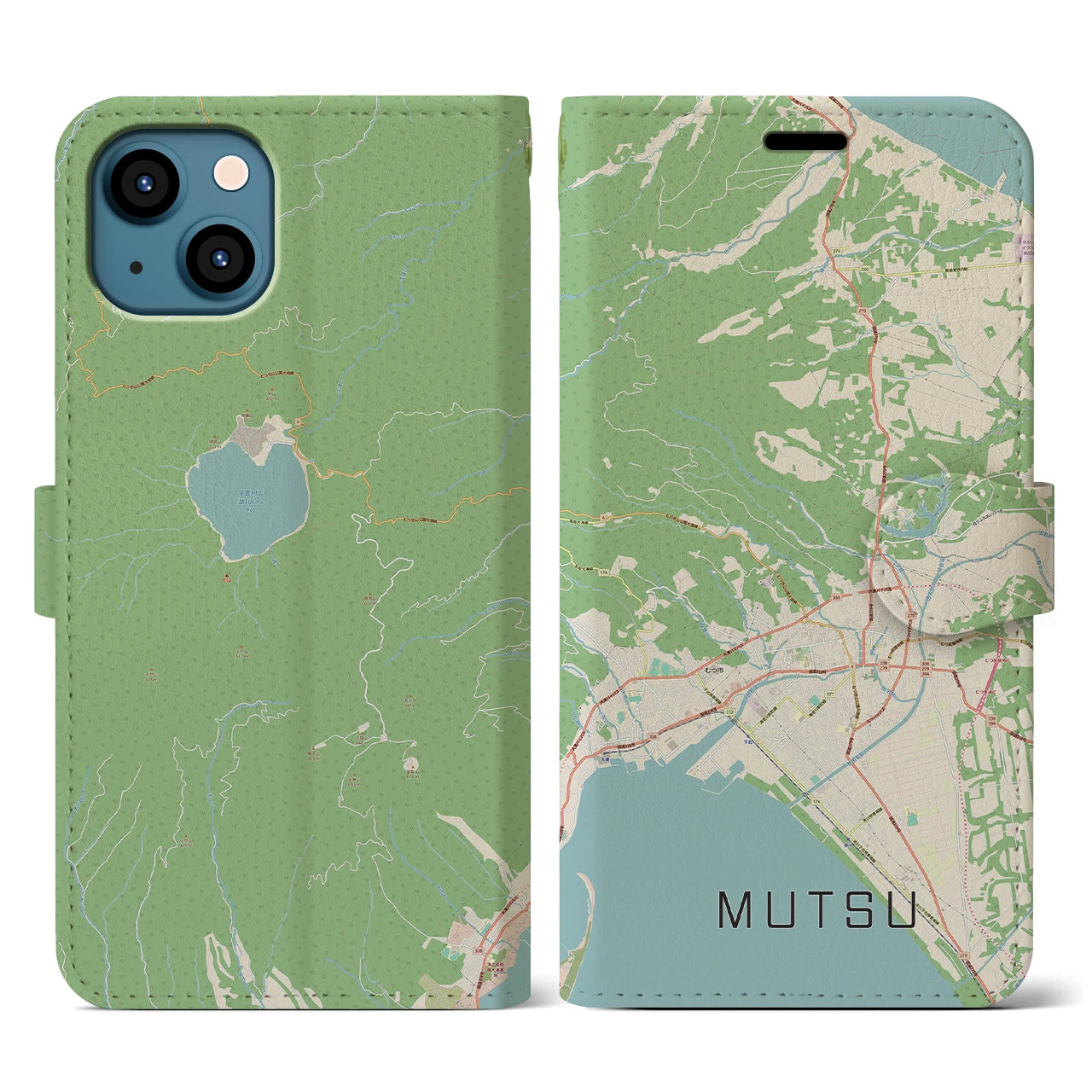 【むつ(青森県)】地図柄iPhoneケース(手帳タイプ)ナチュラル・iPhone 13 用