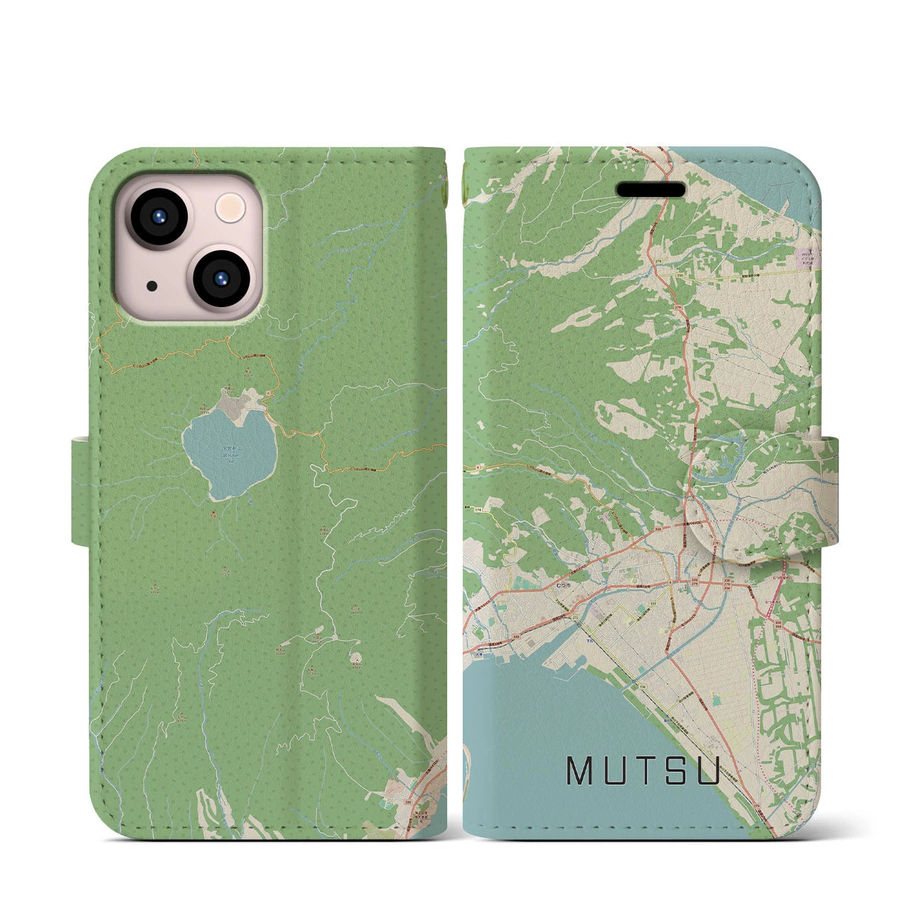 【むつ(青森県)】地図柄iPhoneケース(手帳タイプ)ナチュラル・iPhone 13 mini 用