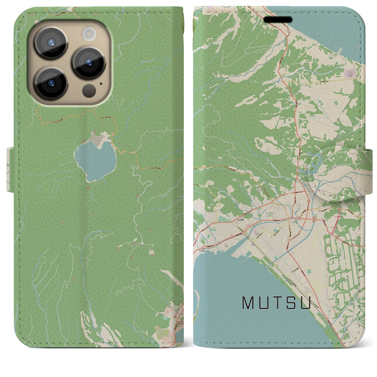 【むつ(青森県)】地図柄iPhoneケース(手帳タイプ)ナチュラル・iPhone 14 Pro Max 用