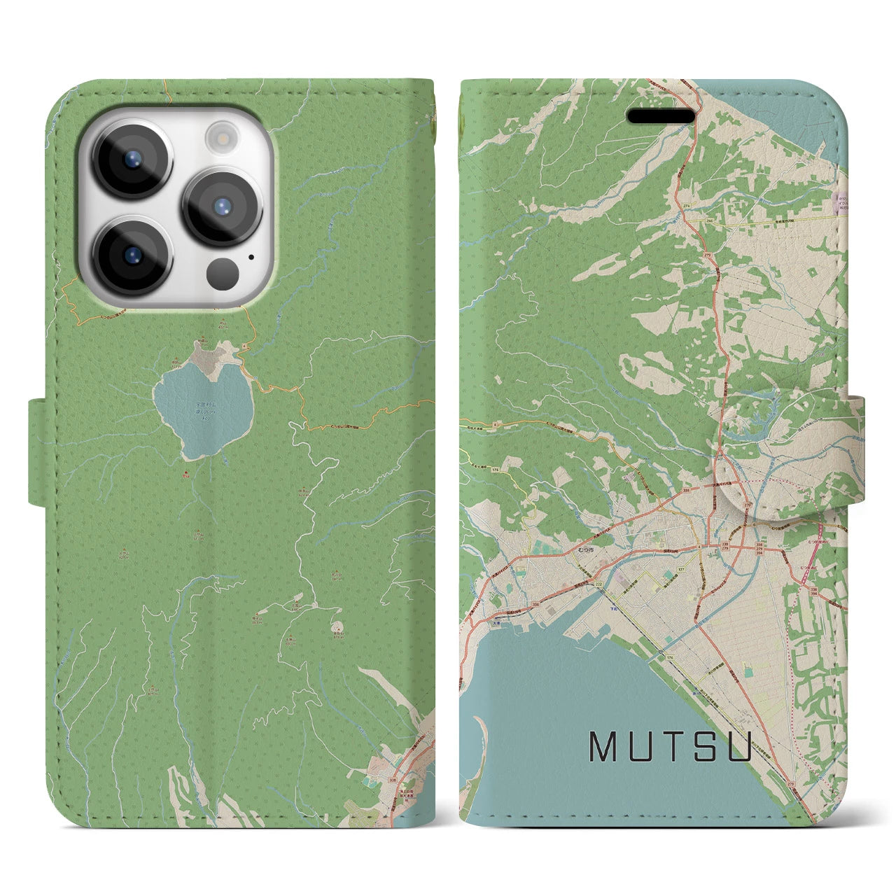【むつ(青森県)】地図柄iPhoneケース(手帳タイプ)ナチュラル・iPhone 14 Pro 用